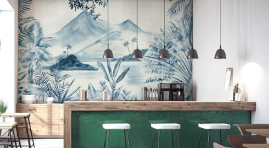 The interior of the restaurant is green and white color
