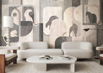 White living room interior with sofa and chairs, coffee table with books and decoration. Modern large lamp. Mockup copy space wall. 3d rendering. High quality 3d illustration