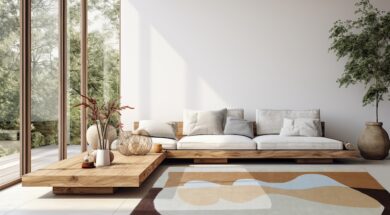modern living room with brown leather sofa and black picture on the wall